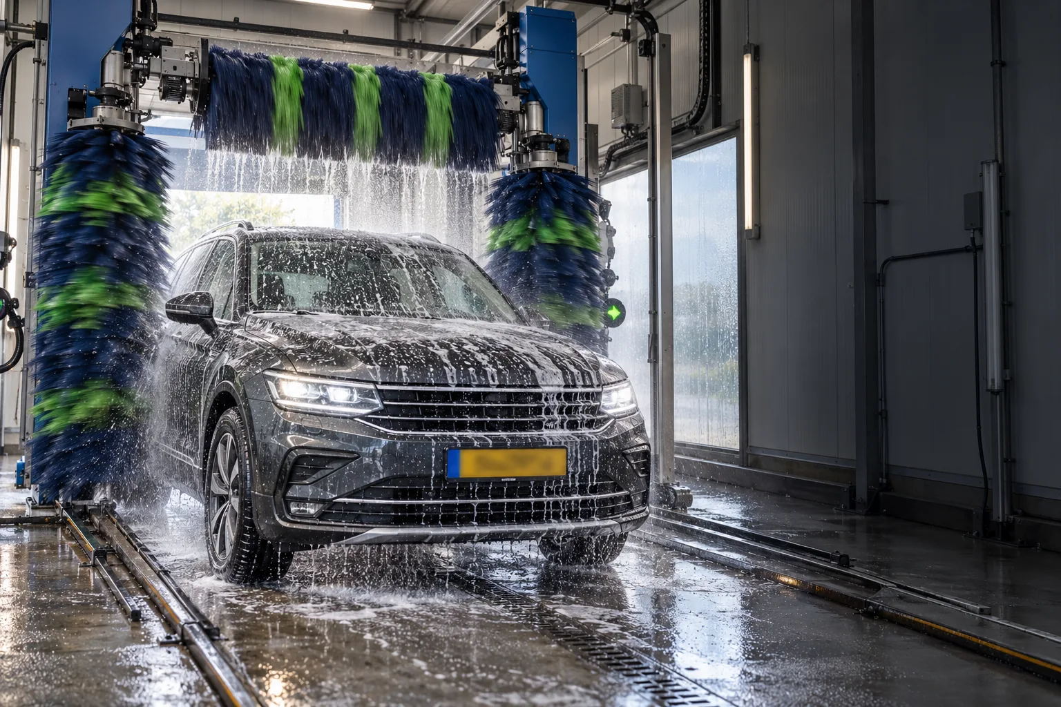 Auto wordt gewassen in de rollover van Aqua Carwash Leeuwarden
