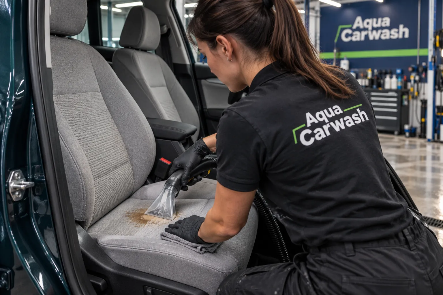 Gerichte behandeling van een vlek in een autostoel bij Aqua Carwash Leeuwarden