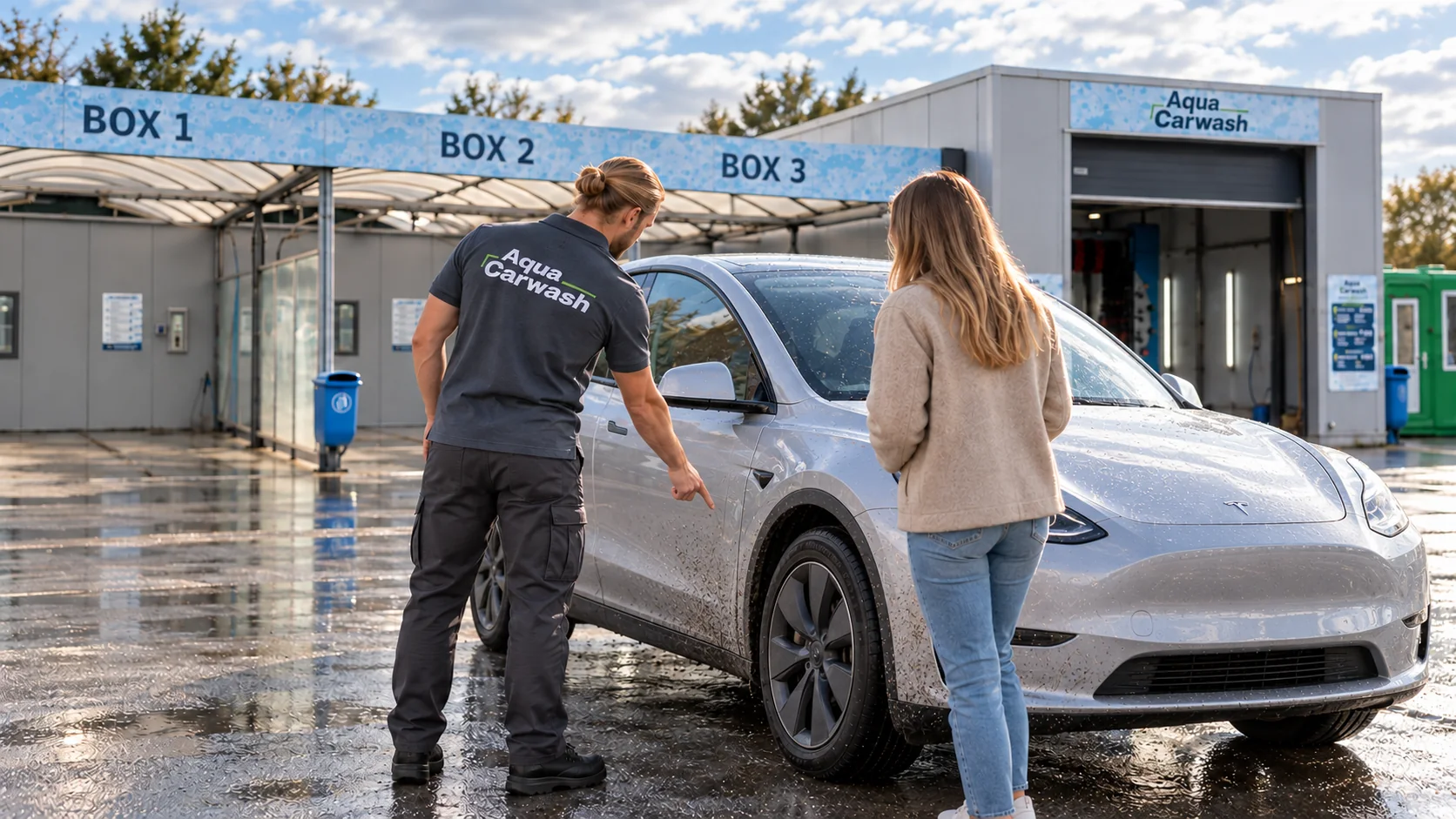 Medewerker legt de wasmogelijkheden uit bij Aqua Carwash Leeuwarden.