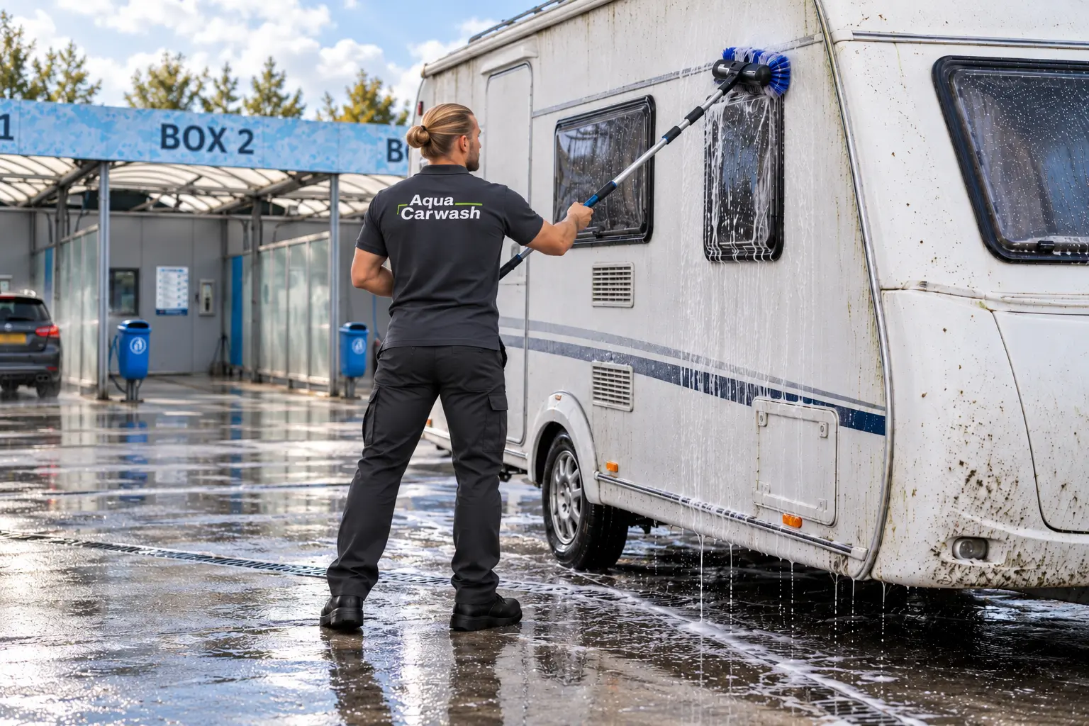 Handmatige reiniging van een caravan bij Aqua Carwash Leeuwarden