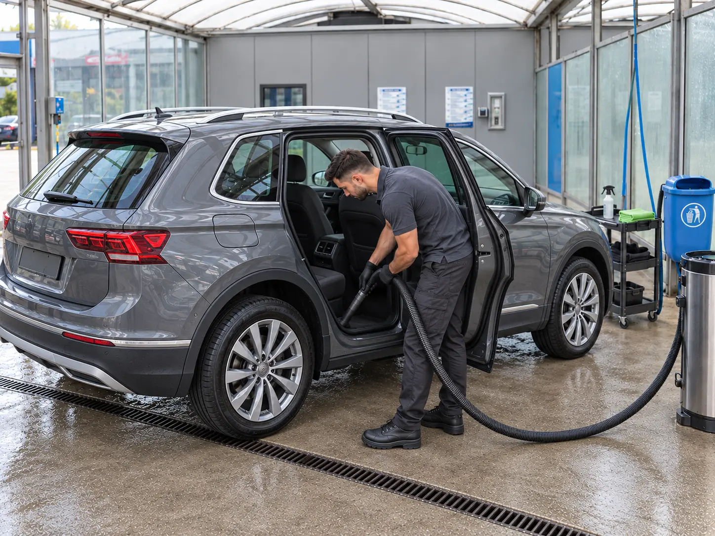 Medewerker van Aqua die het interieur van een auto stofzuigt bij de full service