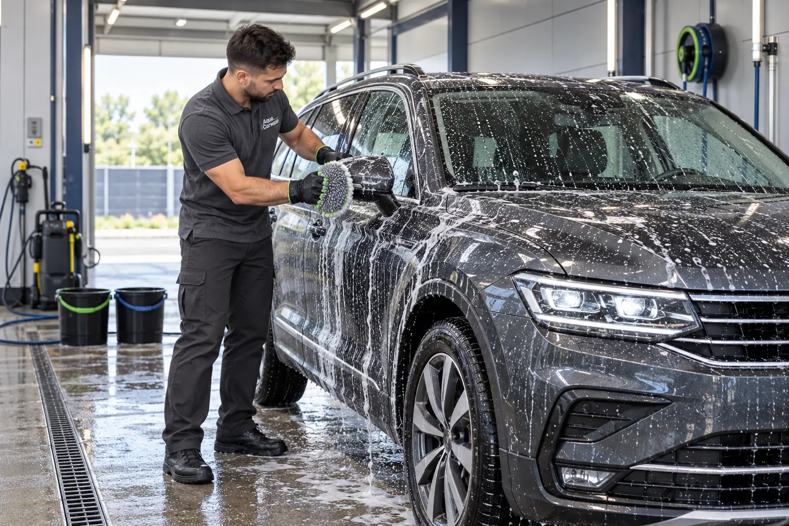 Handwas bij Aqua: een medewerker wast een auto met schuim en een wasmit