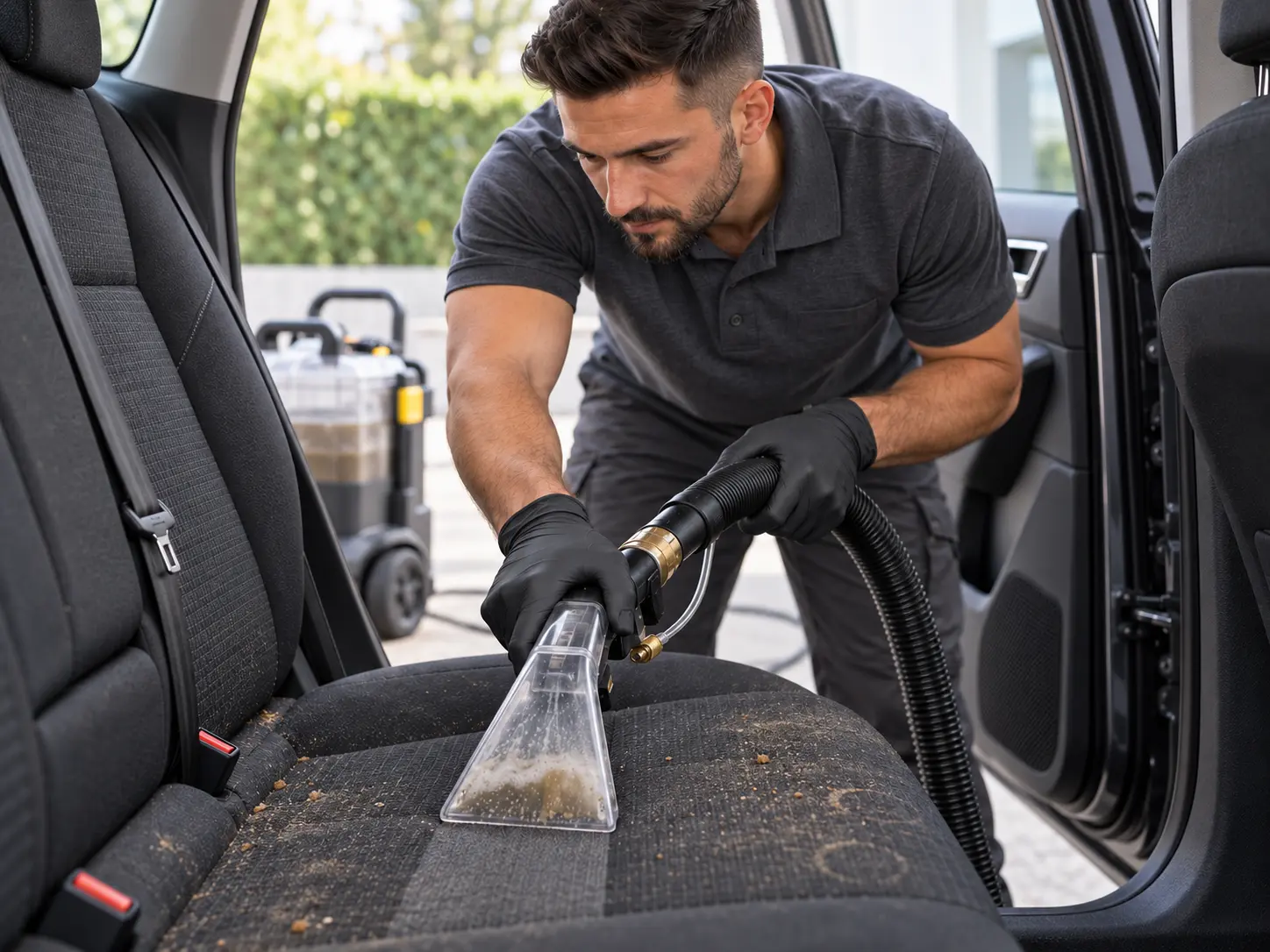 Medewerker van Aqua die een autostoel diep reinigt met een sproeiextractie-apparaat