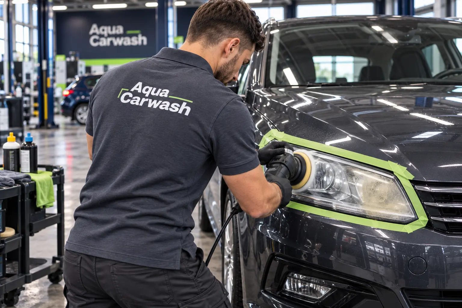 Polijsten van doffe koplampen bij Aqua Carwash Leeuwarden