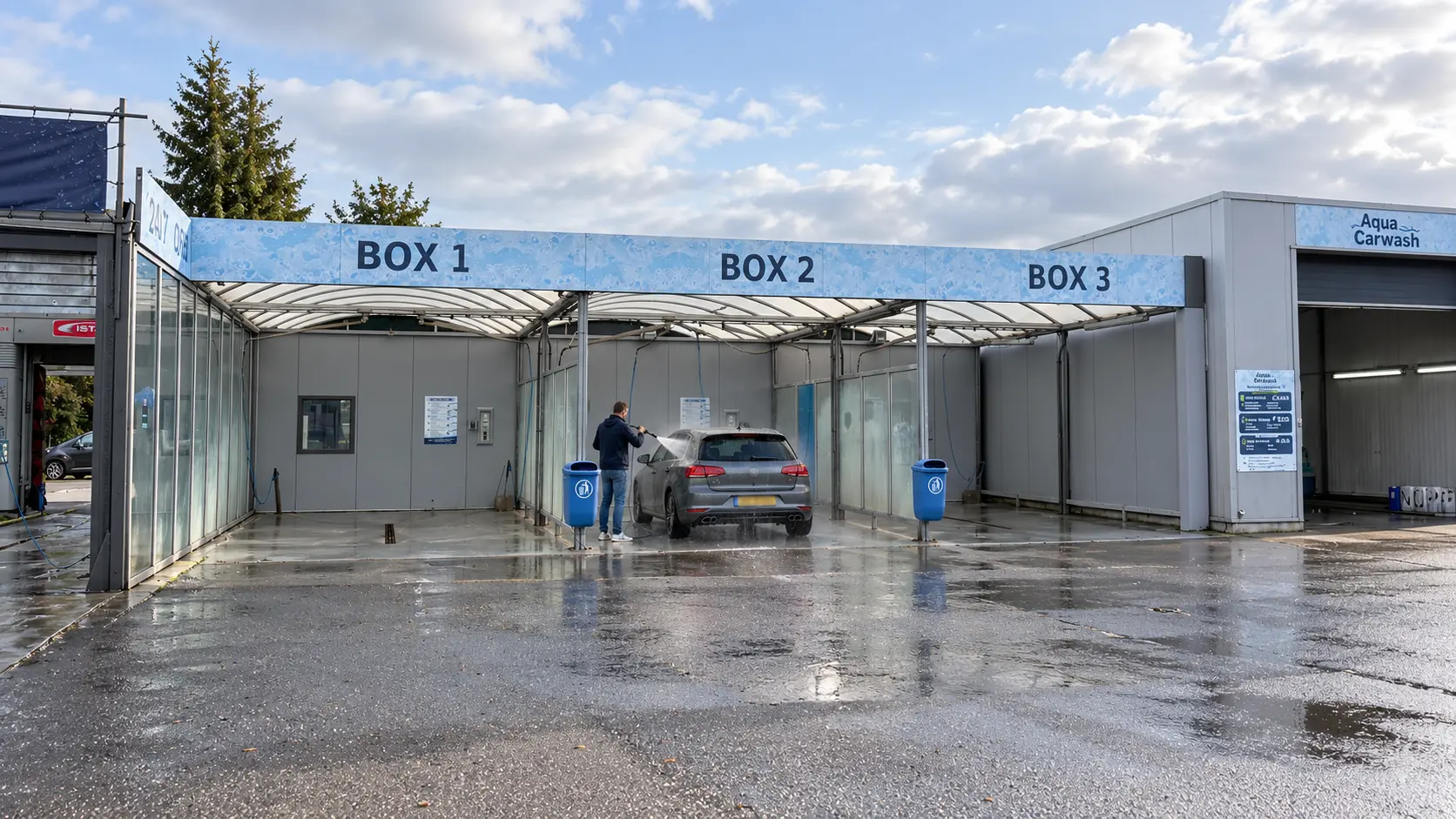 De drie wasboxen van Aqua, waar je zelf je auto wast
